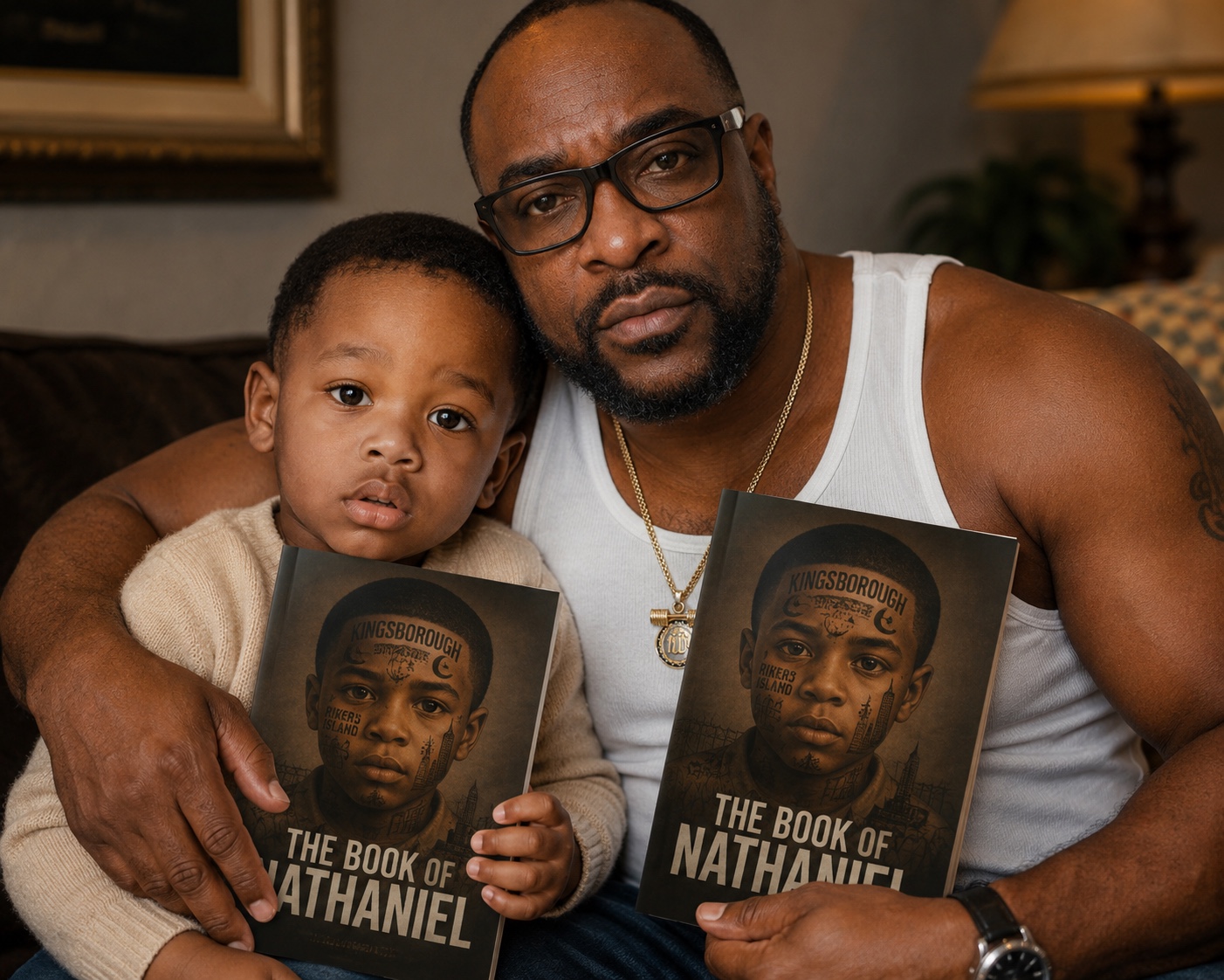 Author and young reader holding The Book of Nathaniel